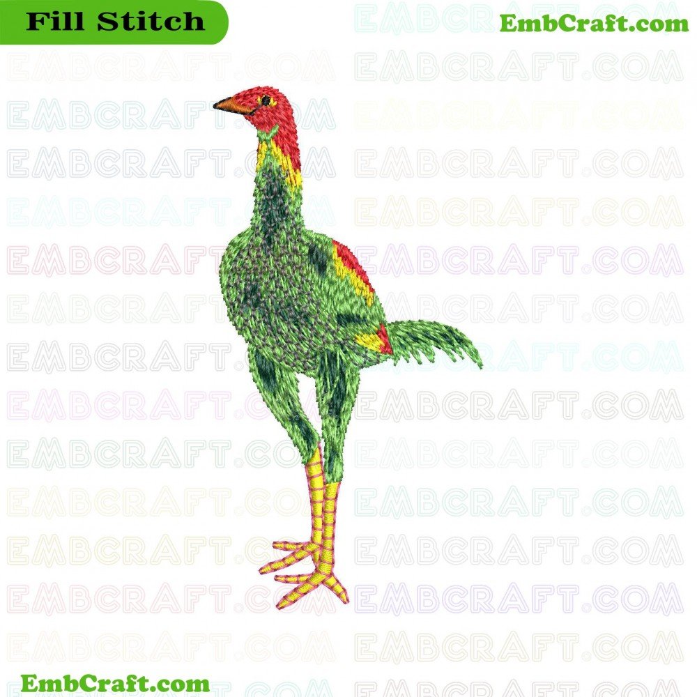 An image of a rooster embroidered with bright colors and high precision.