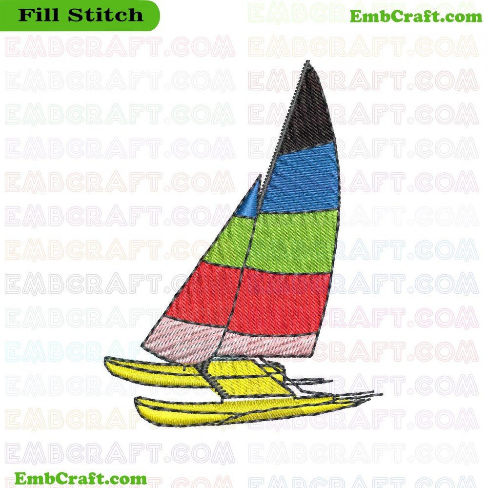 An embroidery design featuring a colorful sailboat with a patchwork pattern on its sail, set above horizontal lines that suggest water.
