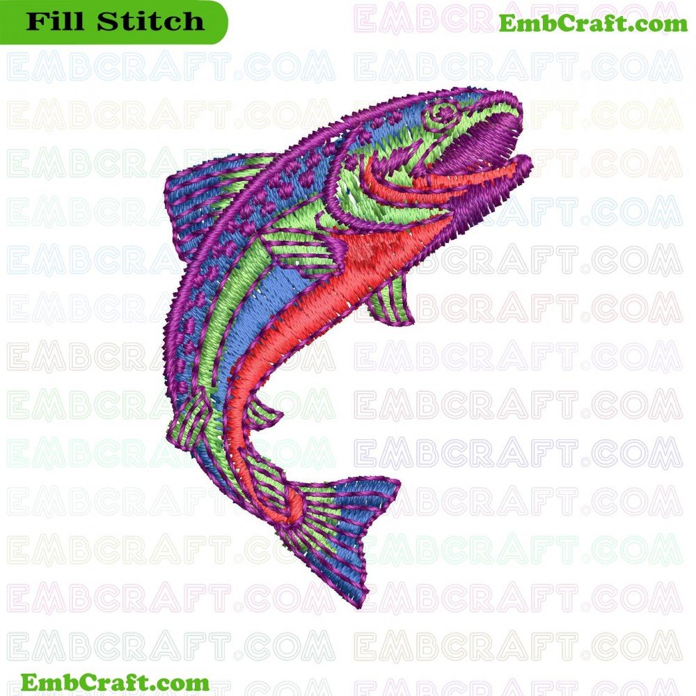 An image of an embroidered fish with bright colors and intricate details.