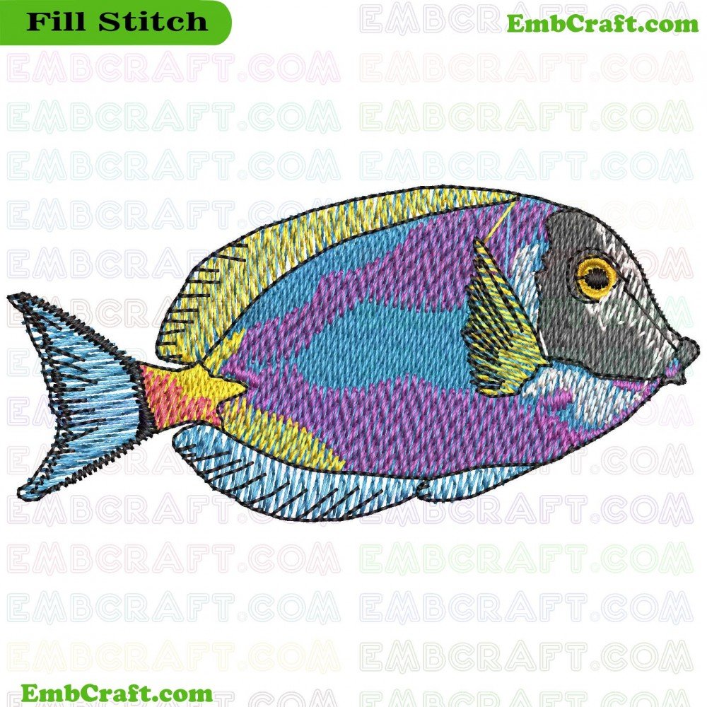 An embroidered depiction of a vibrant saltwater aquarium fish with detailed stitching.