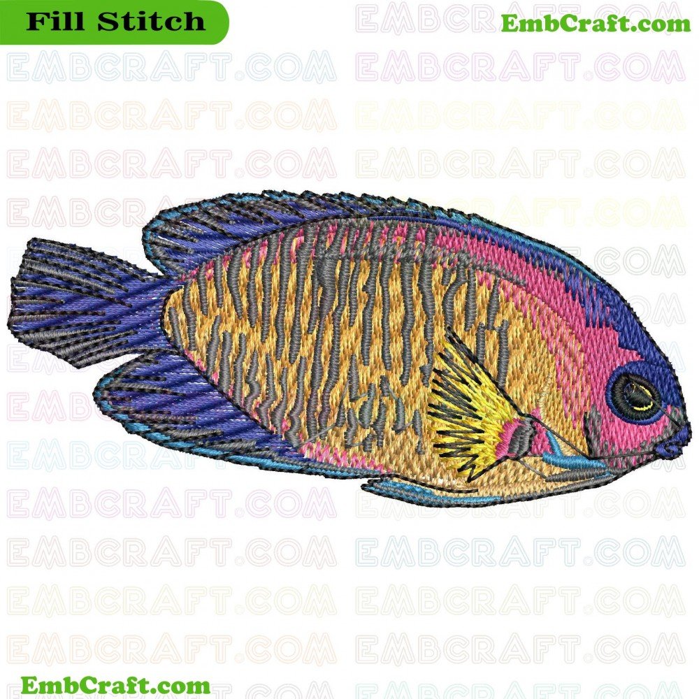 The image shows an embroidered depiction of a colorful saltwater aquarium fish with intricate details.