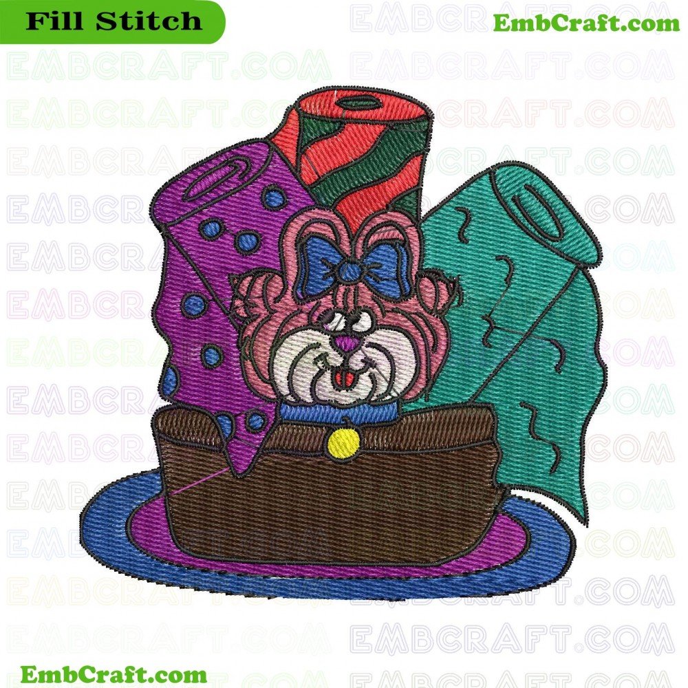 An embroidery design featuring a bear peeking out from a basket surrounded by colorful fabric rolls.