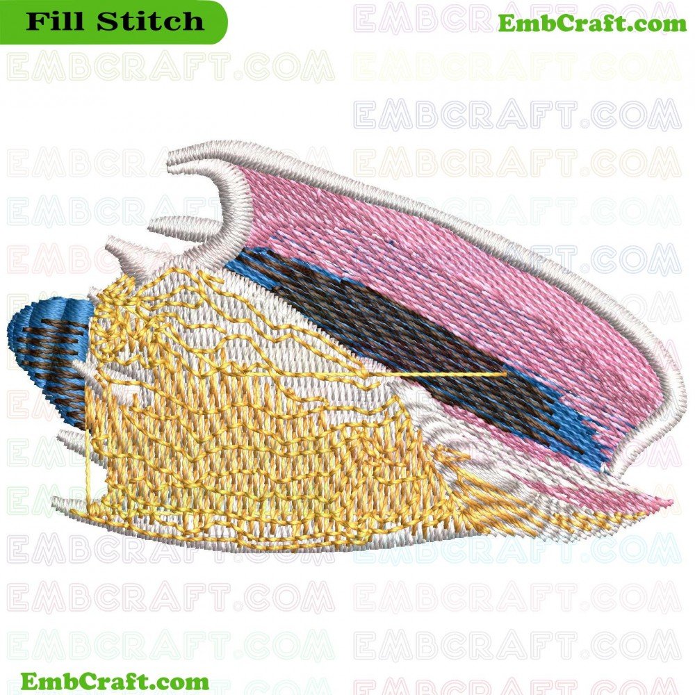 An embroidery piece depicting a shell with vibrant and bright colors.