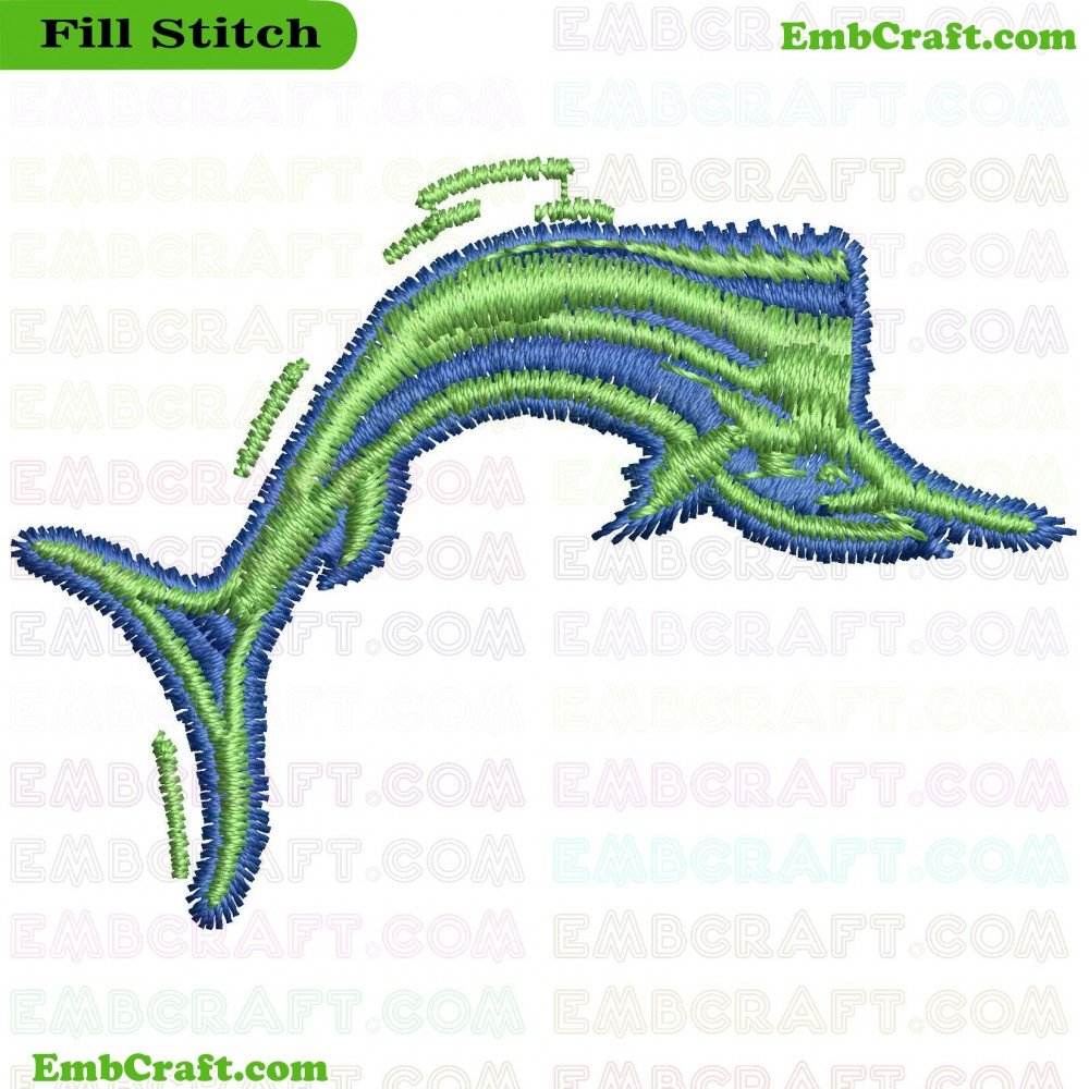 An image displaying an embroidered representation of a swordfish using multiple shades of blue and green.