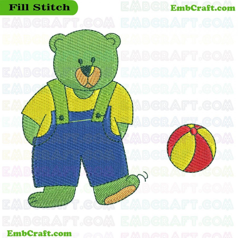 An embroidery design of a bear dressed in blue overalls with yellow straps and green shoes, standing beside a red and yellow ball.