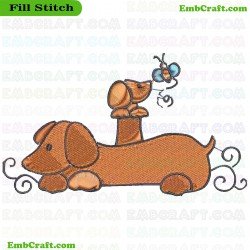 Dachshund Dog And Singing Bird Embroidery Design 432