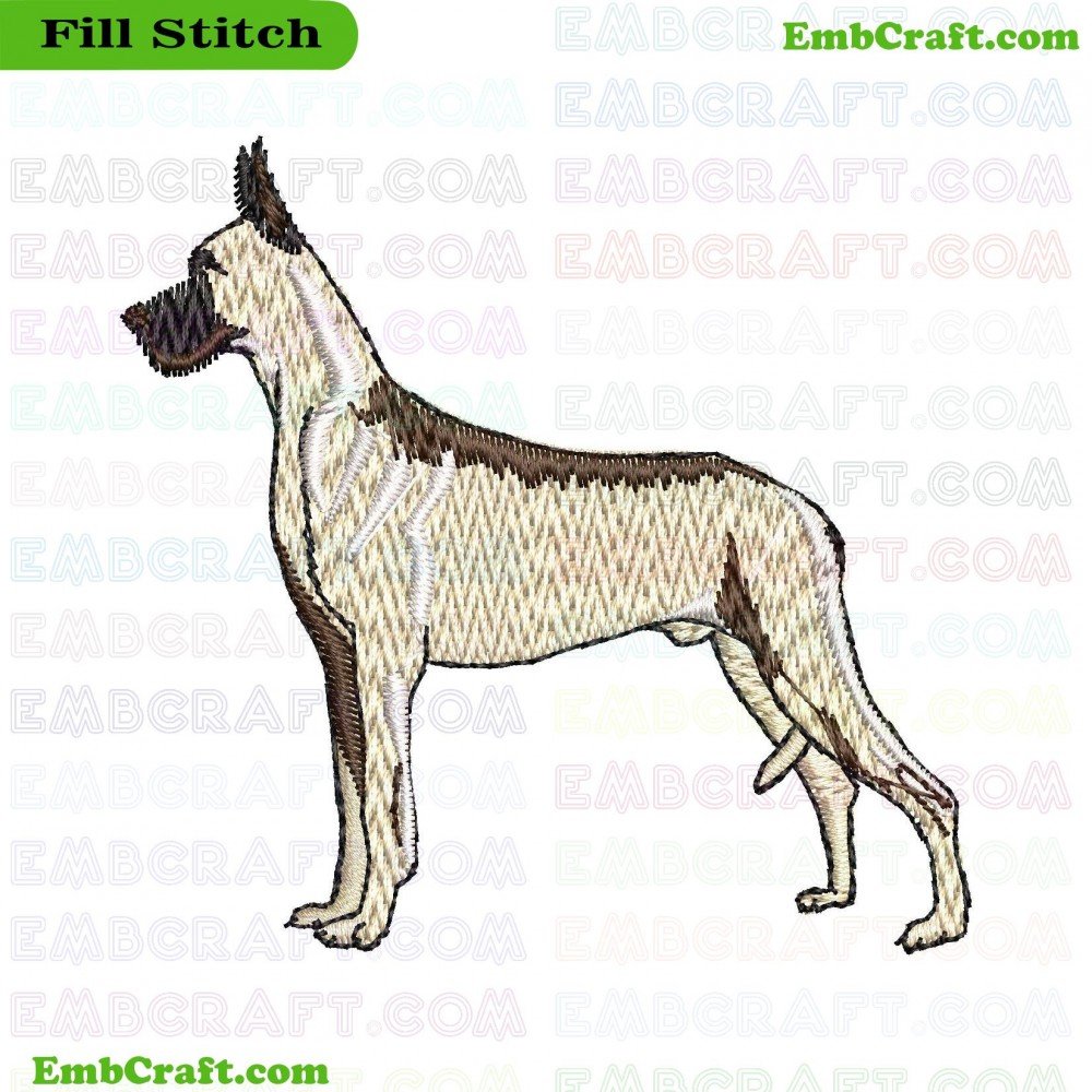 An image of embroidery showcasing a dog in brown, black, and white colors with intricate details highlighting the canine's features.