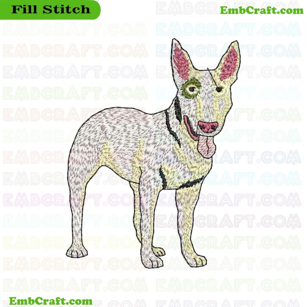An image showing an embroidered dog with grey colors and detailed features.