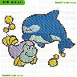 Dolphin And Fish In Art Embroidery Design 3