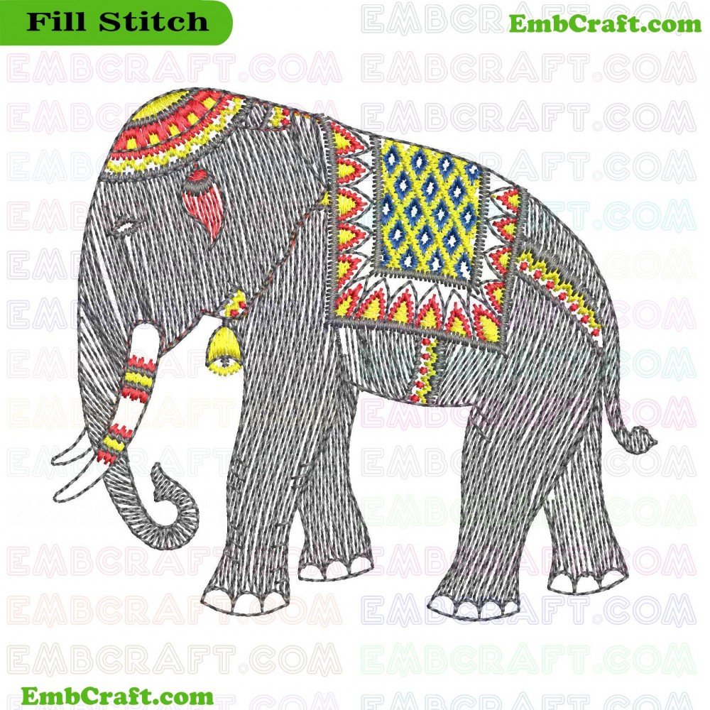 An embroidery of an elephant with decorative Egyptian art-inspired patterns.