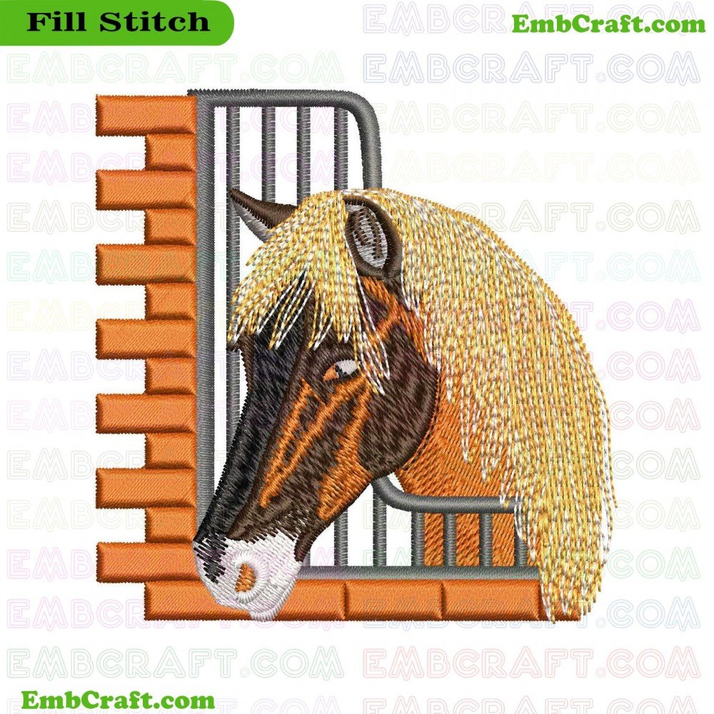 The image features an embroidered design of a horse's head peeking through a half-open stable door against a brick wall background.