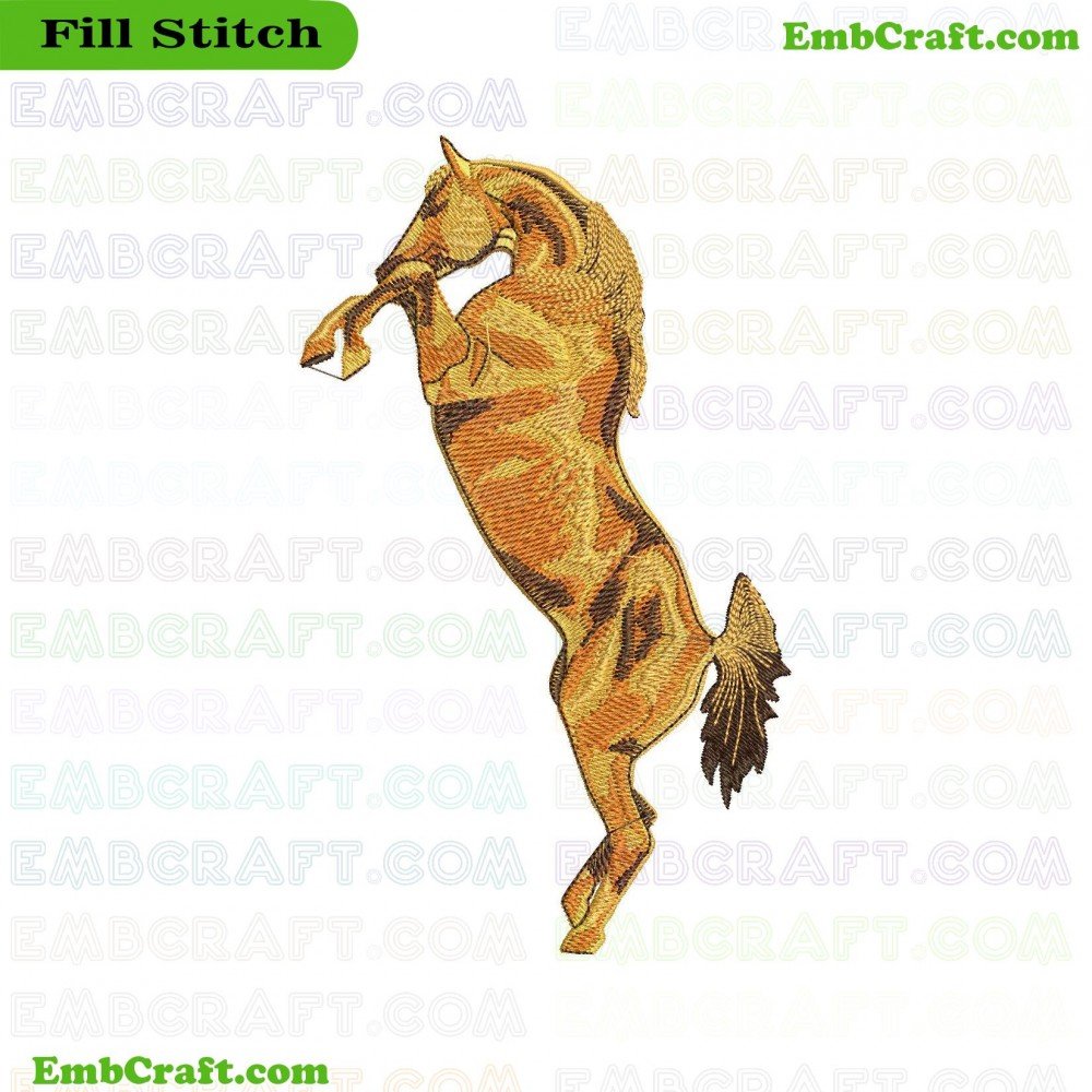 A detailed embroidered featuring a rearing horse in shades of gold, brown, and black.