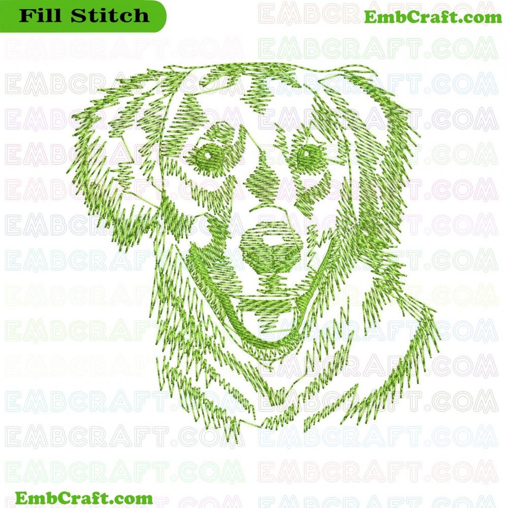 An embroidery showing a green line art drawing of a dog's face and part of its chest.