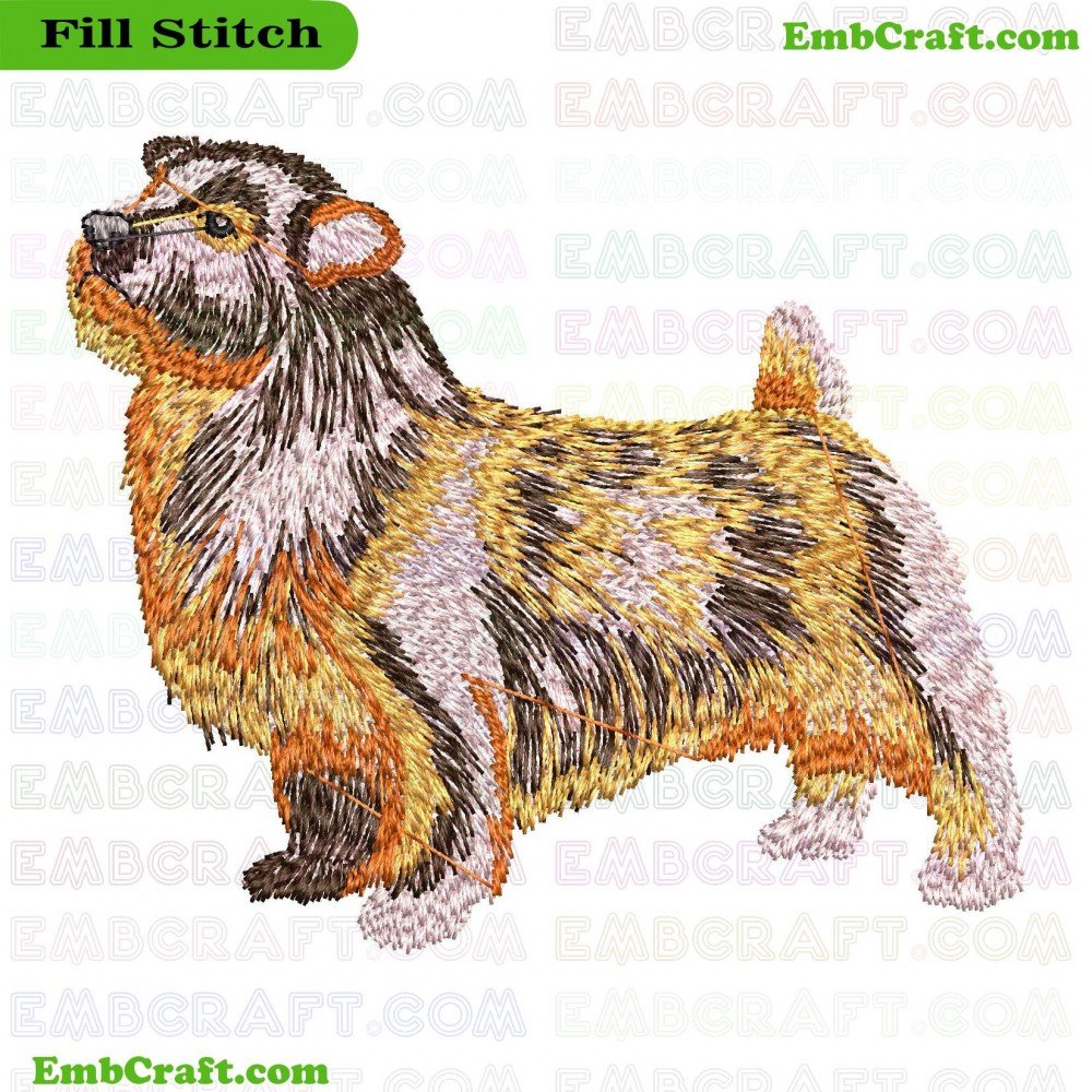 An embroidered image of a small dog with thick fur in shades of brown, white, and yellow. The embroidered detail of the dog is very realistic, featuring multiple colored threads to achieve nuanced shadows and shapes.
