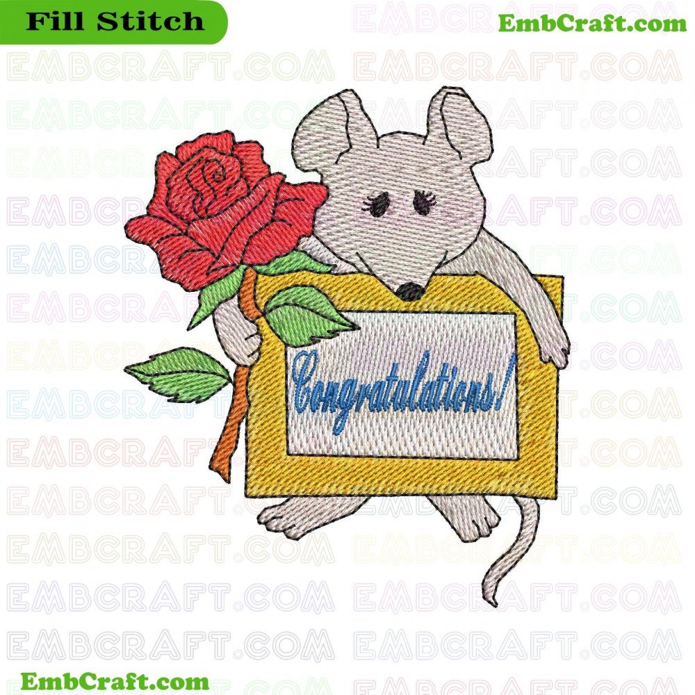 An embroidery design depicting a mouse carrying a yellow envelope and a red rose with 'Congratulations' written on it.