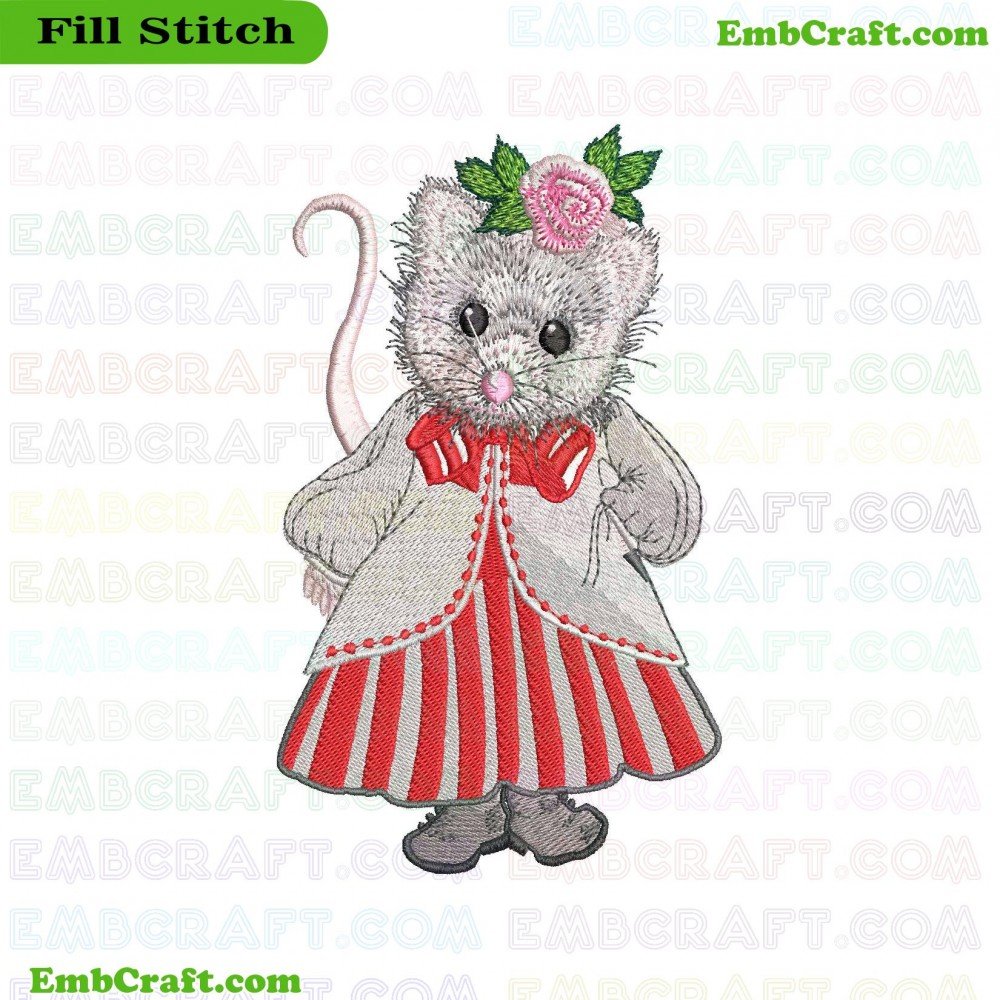 An embroidery design of a character resembling a mouse wearing a red and white striped dress holding what appears to be a pink tail.