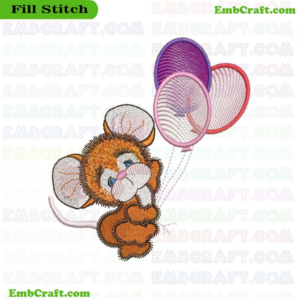 An embroidery showcasing a mouse holding three balloons in shades of purple, pink, and white.