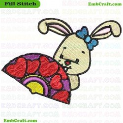 Rabbit Peeking Behind Heart Fan Embroidery Design 5