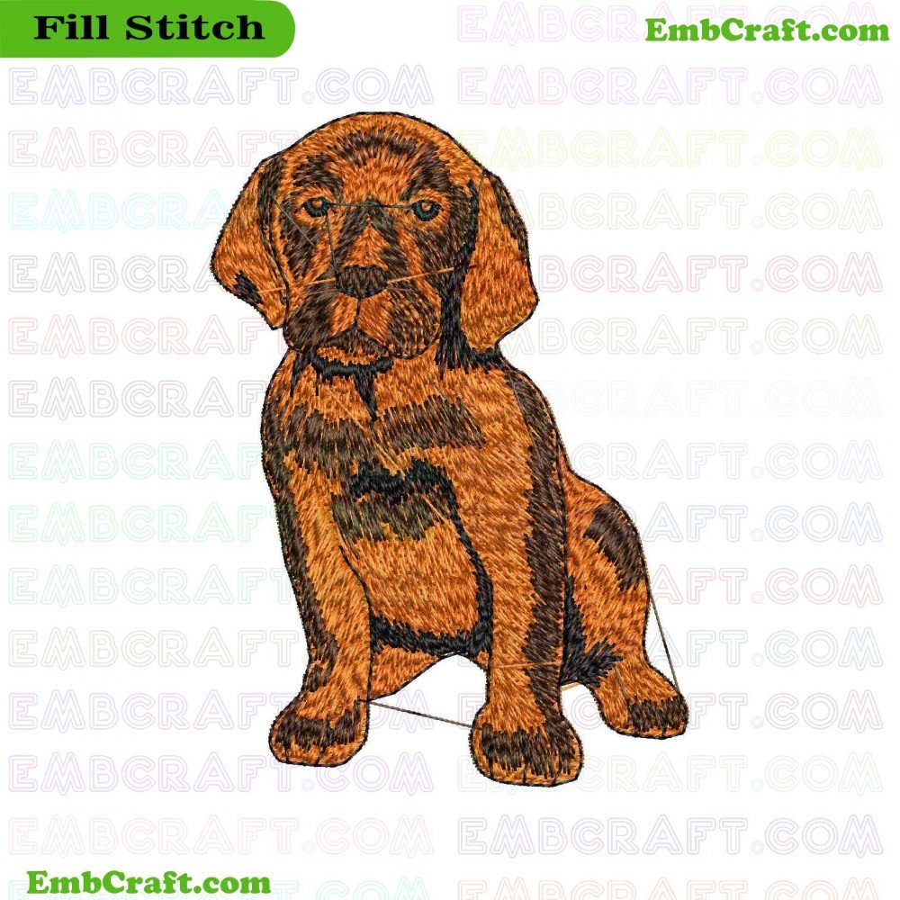 An image showing detailed embroidery of a sitting dog with intermingling brown and black colors.