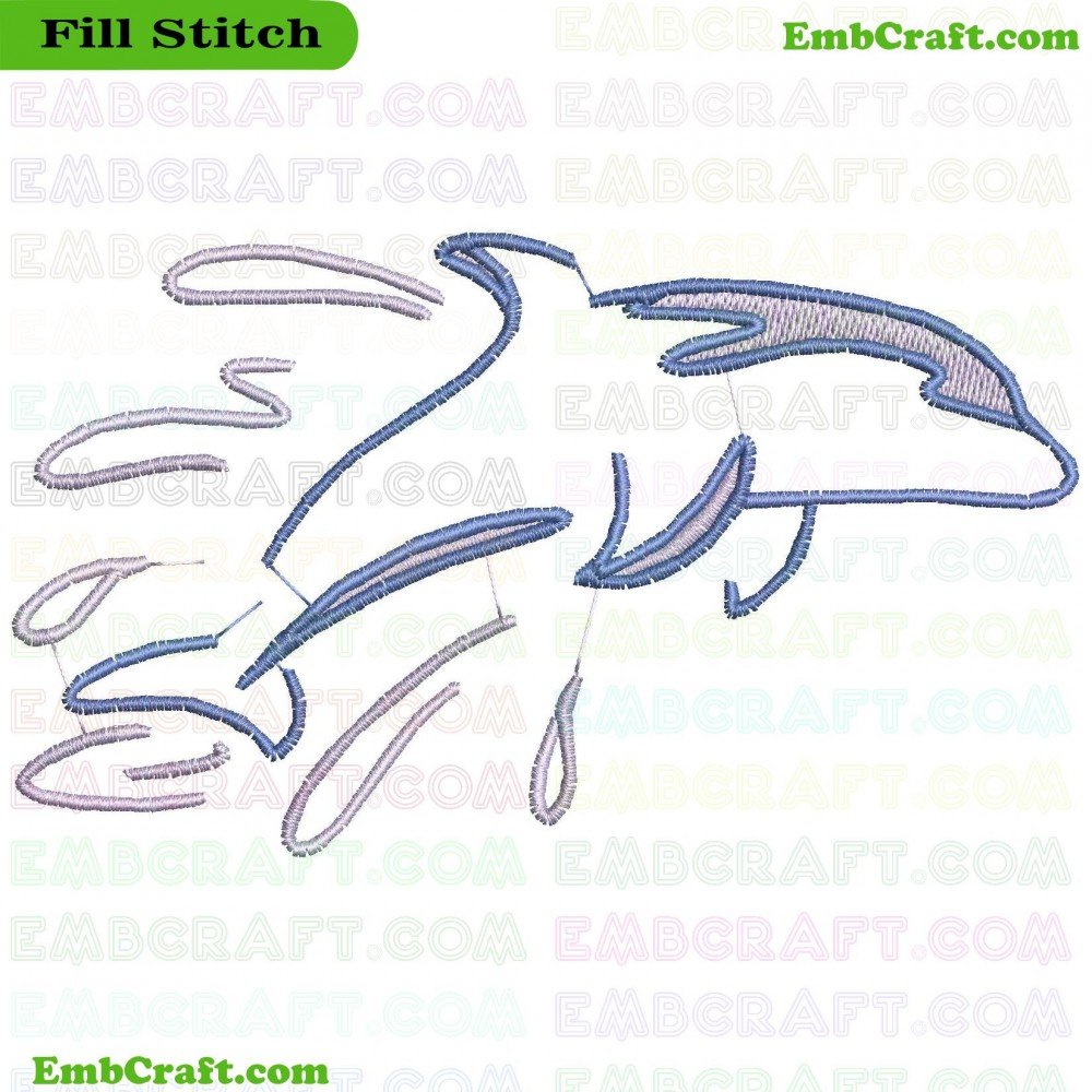An image of an embroidery showing a dolphin in blue and white colors.