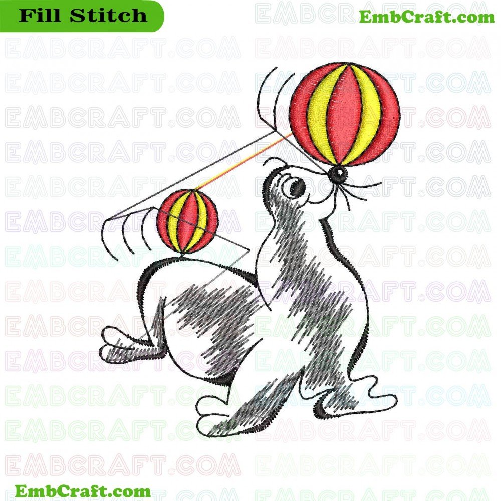 An embroidery design of a seal balancing a colorful striped ball on its nose.