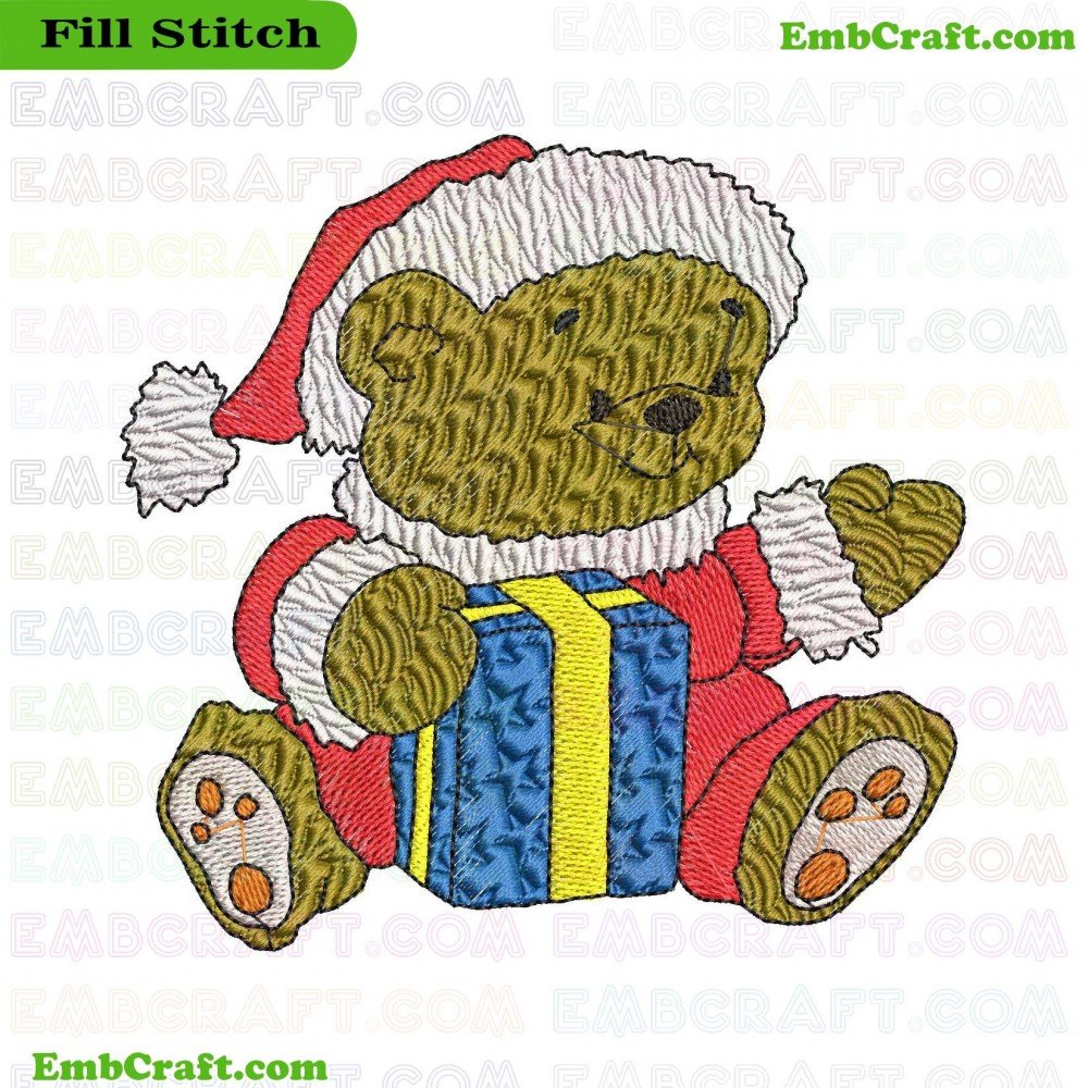 An image of an embroidery showing a teddy bear dressed in Santa Claus's outfit sitting down while holding a gift wrapped in blue with a yellow ribbon.