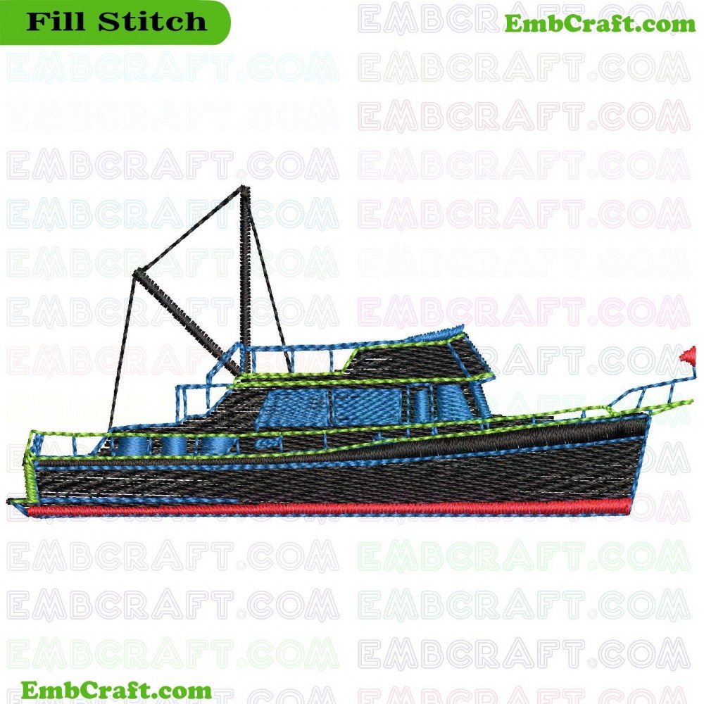 An embroidery design showcasing a boat with primary vibrant colors like blue and green, accented with red and black.