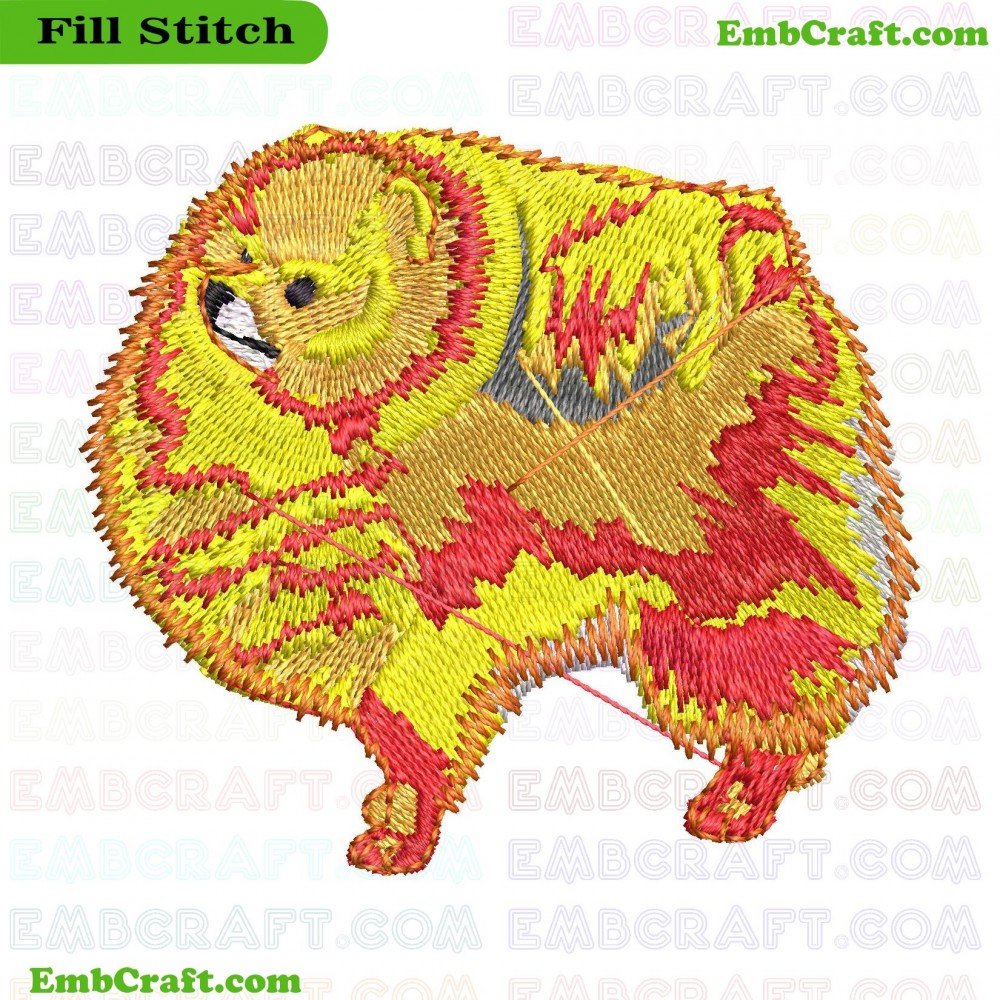 An image of embroidery showing a dog in shades of yellow, gold, and red with black details.