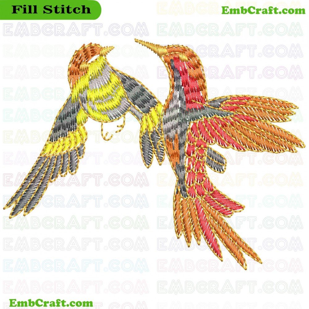 An image of vibrantly colored embroidered birds with intricate details showing the birds in flight.