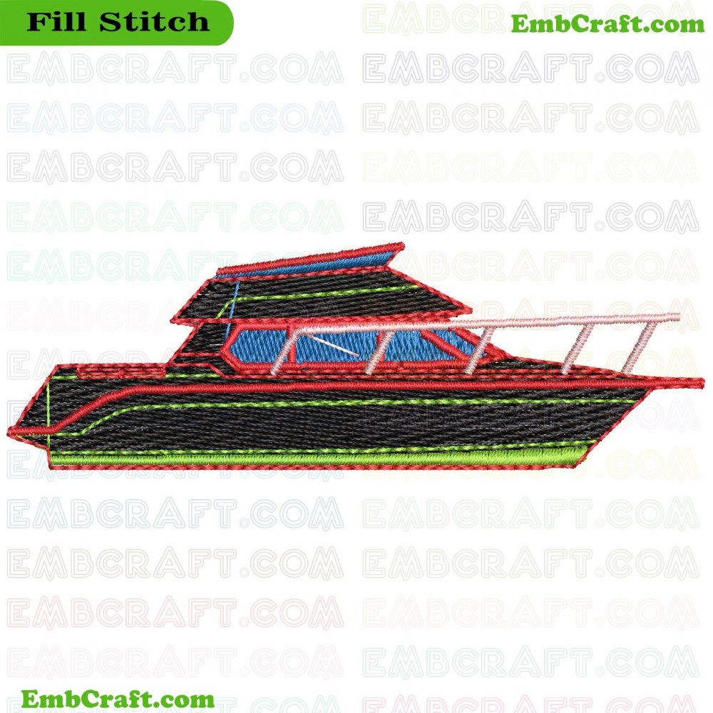 An image of an embroidery depicting a colorfully stitched boat with high precision.