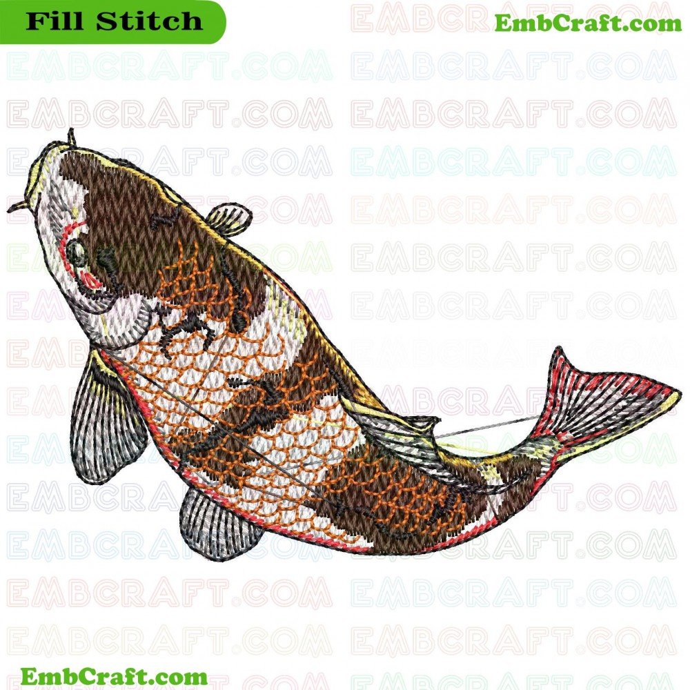 An image showcasing an embroidery piece featuring a fish in orange, brown, and white hues with black outlines.