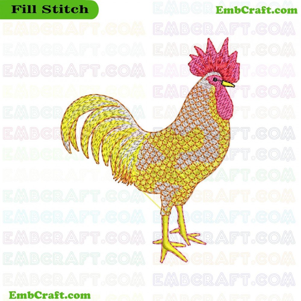 An image of a highly detailed embroidered rooster using multiple rich colors that highlight the beauty of embroidery.