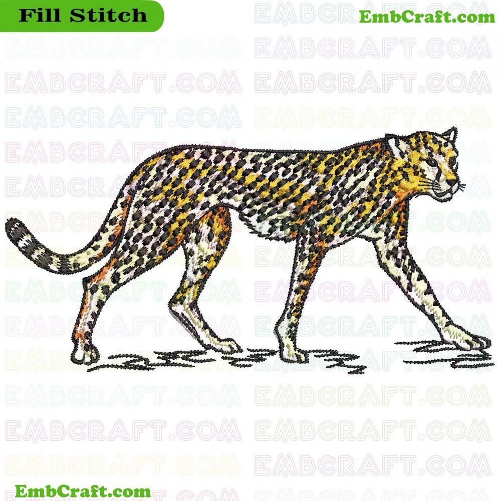 An image of embroidery showing a walking tiger, utilizing shades of yellow, black, and white.