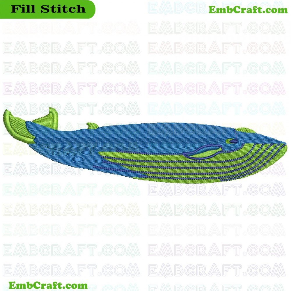 An image of a whale embroidered with blue and green threads showcasing body and fin details.
